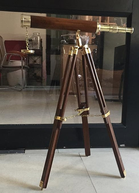 Vintage Nautical 18" Brass and Wood Telescope with Wooden Stand
