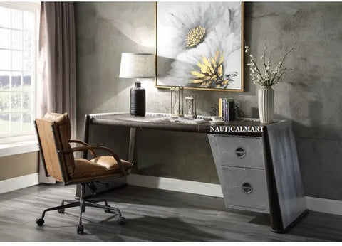 Brancaster Desk, Distress Chocolate Top Grain Leather & Aluminum Table Aviator Furniture Home and Office Decor