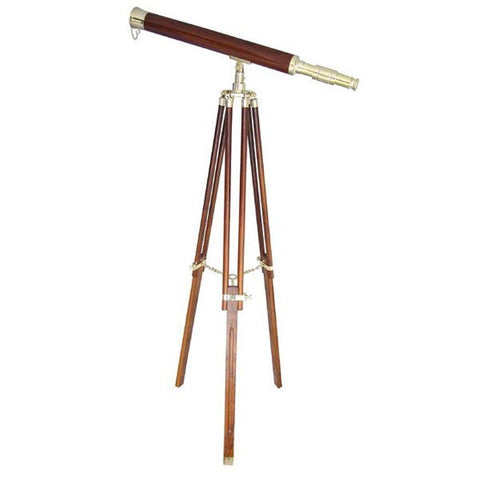Vintage Nautical 18" Brass and Wood Telescope with Wooden Stand