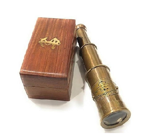 Victorian Marine 6" Handheld Brass Telescope with Wooden Box