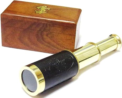 6" Solid Brass Black Leather Handle Telescope with Anchor Wooden Box