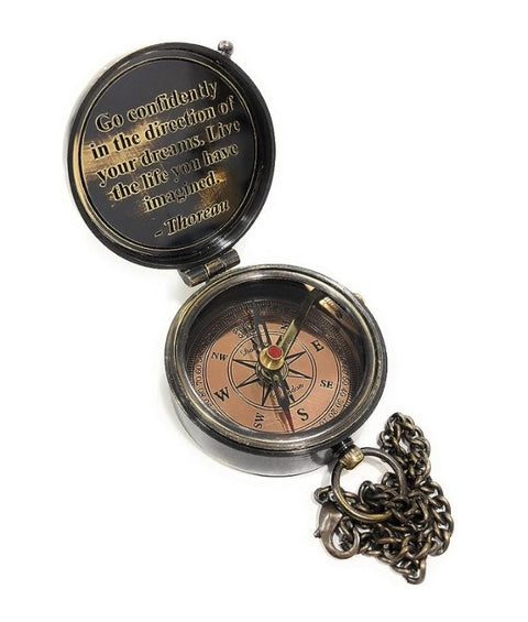 Antique Brass Compass with Thoreau's Go Confidently Quote and Leather case