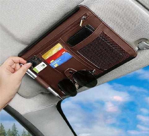 Car Organizer Sun Visor Hanging Phone Storage Pouch, PU Leather, Sunglass Cards Snacks Holder, Multi-Function with Zipper and Pockets(Brown)