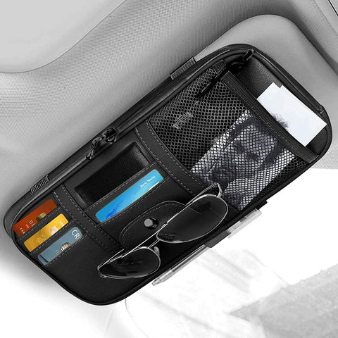 Black Car Organizer Sun Visor Pouch, PU Leather, Sunglass Cards Snacks Storage Holder, Multi-Pocket with Zipper