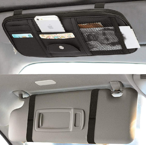 Black Car Organizer Sun Visor Pouch, PU Leather, Sunglass Cards Snacks Storage Holder, Multi-Pocket with Zipper