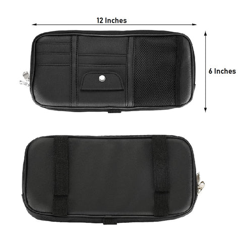 Black Car Organizer Sun Visor Pouch, PU Leather, Sunglass Cards Snacks Storage Holder, Multi-Pocket with Zipper