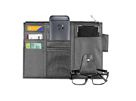 Car Organizer Sun Visor Hanging Phone Storage Pouch, Black PU Leather, Sunglass Cards Snacks Holder, Multi-Function with Zipper and Pockets