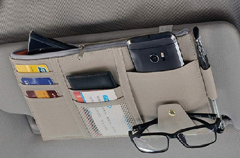 Car Organizer Sun Visor Hanging Phone Storage Pouch, Grey PU Leather, Sunglass Cards Snacks Holder, Multi-Function with Zipper and Pockets