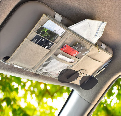 Car Organizer Sun Visor Hanging Phone Storage Pouch, Grey PU Leather, Sunglass Cards Snacks Holder, Multi-Function with Zipper and Pockets