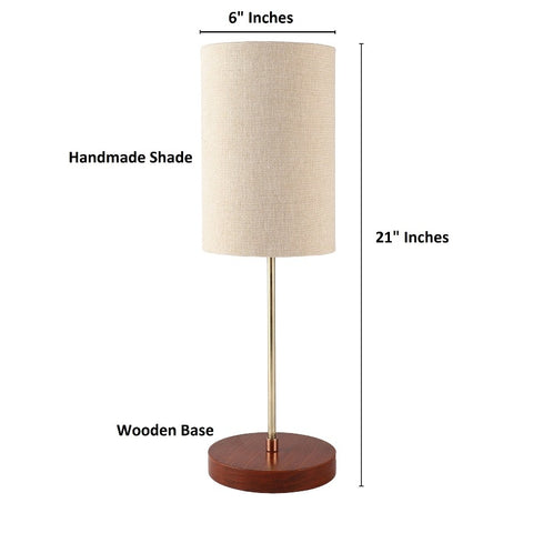 BTR CRAFTS Light Gold Rod & Brown Wooden Base Table Lamp (Cylinder Lampshade)