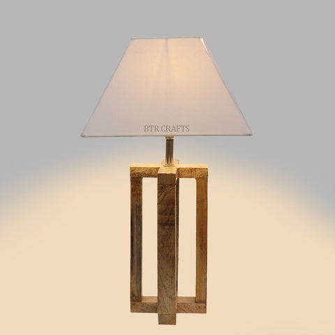 BTR CRAFTS Natural Wooden Cross Table Lamp with Flex Creamy Fabric Shade