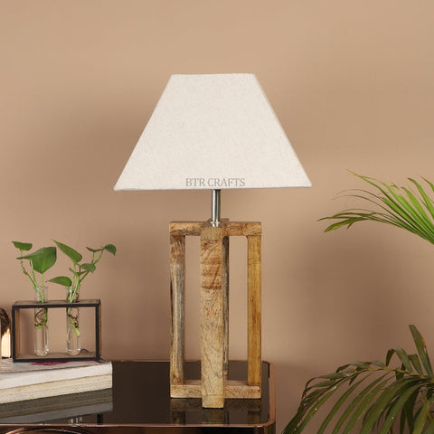 BTR CRAFTS Natural Wooden Cross Table Lamp with Flex Creamy Fabric Shade