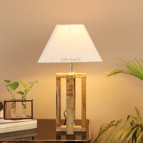 BTR CRAFTS Natural Wooden Cross Table Lamp with Flex Creamy Fabric Shade