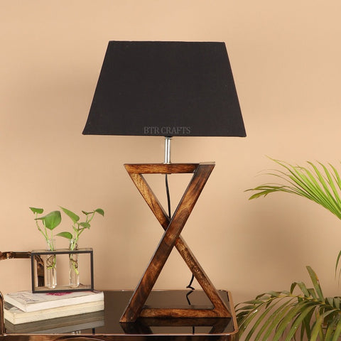 BTR CRAFTS Natural Wooden Cross Table Lamp with Fabric Shade