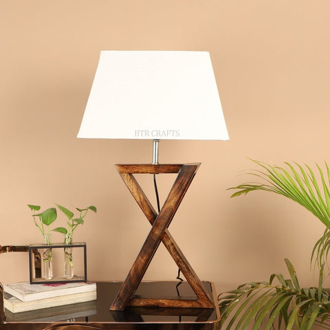 BTR CRAFTS Natural Wooden Cross Table Lamp with Fabric Shade