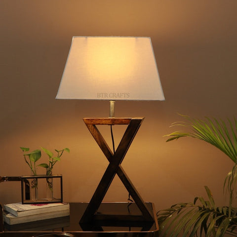 BTR CRAFTS Natural Wooden Cross Table Lamp with Fabric Shade