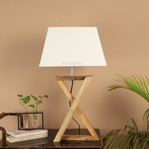 BTR CRAFTS Natural Wooden Cross Table Lamp with Fabric Shade