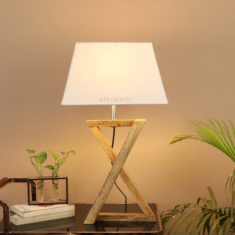 BTR CRAFTS Natural Wooden Cross Table Lamp with Fabric Shade