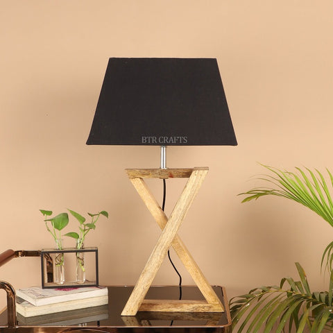 BTR CRAFTS Natural Wooden Cross Table Lamp with Fabric Shade