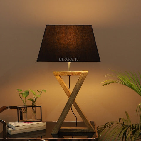 BTR CRAFTS Natural Wooden Cross Table Lamp with Fabric Shade