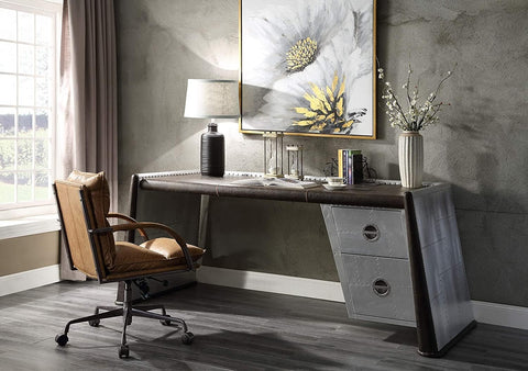 Brancaster Desk, Distress Chocolate Top Grain Leather & Aluminum Table Aviator Furniture Home and Office Decor