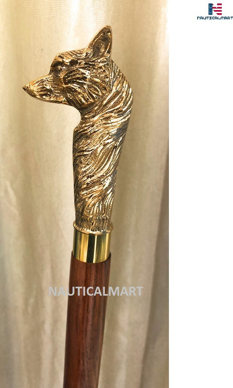 Brass Nautical Walking Stick Fox Head Style Wood Cane Classic Style Wooden Cane Gift