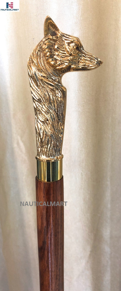 Brass Nautical Walking Stick Fox Head Style Wood Cane Classic Style Wooden Cane Gift