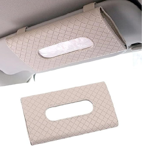 Beige PU Leather Tissue Paper Box For Cars/ Sun Visor Napkin Holder with 100 Sheets/ Backseat Tissue Case Holder