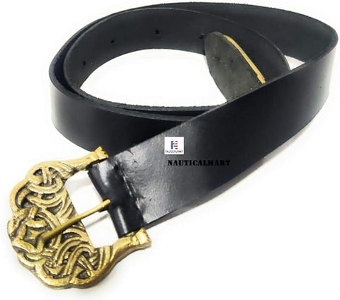 Medieval Leather Renaissance Viking Belt with Brass Buckle (Black)