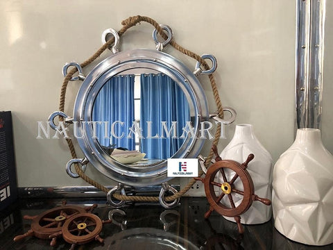 Brass Antique Porthole Mirror with Rope Nautical Ships Boat Decor
