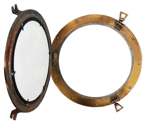 ALUMINUM PORTHOLE MIRROR BRASS ANTIQUE, 17"