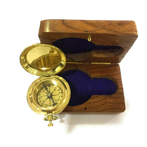 Antique Brass Compass With Wooden Gift Box