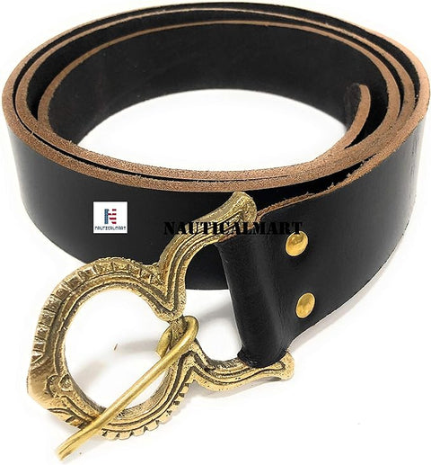 Medieval Black Leather Renaissance Viking Belt with Brass Buckle