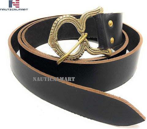 Medieval Black Leather Renaissance Viking Belt with Brass Buckle