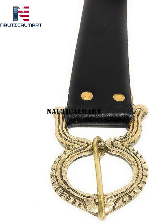 Medieval Black Leather Renaissance Viking Belt with Brass Buckle