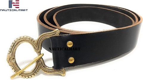 Medieval Black Leather Renaissance Viking Belt with Brass Buckle