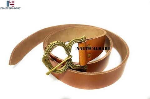 Medieval Brown Leather Renaissance Viking Belt with Brass Buckle