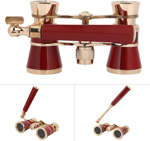 Opera Theater Glasses 3x25 Brass Coated Lens Binocular Telescope in Red with Handle