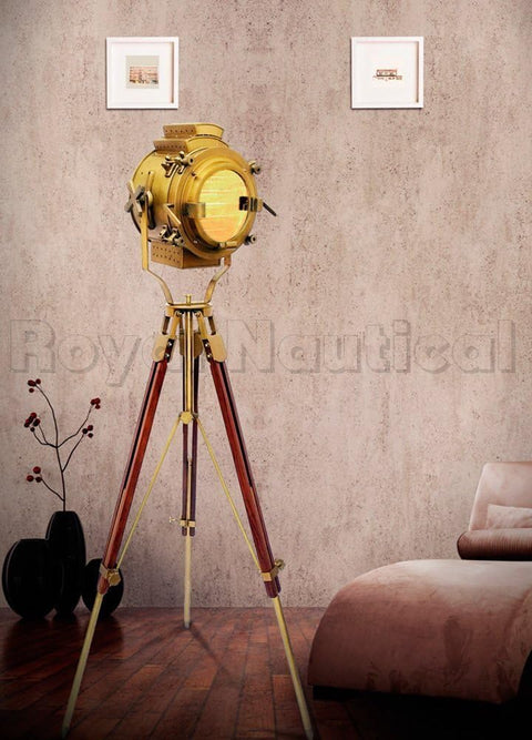 Brass Finish Tripod Antique Floor Searchlight