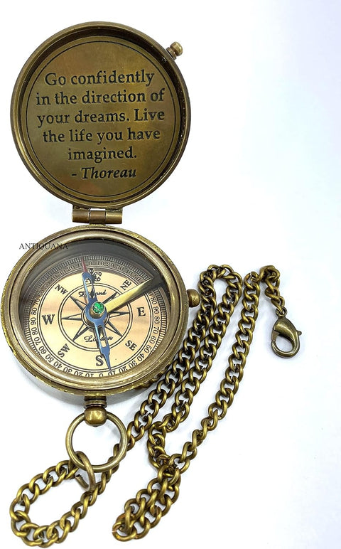 Antique Brass Compass with Thoreau's Go Confidently Quote and Leather case