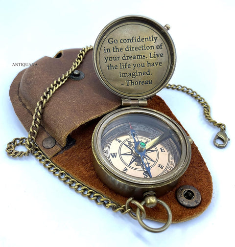 Antique Brass Compass with Thoreau's Go Confidently Quote and Leather case