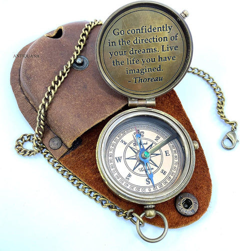 Antique Brass Compass with Thoreau's Go Confidently Quote and Leather case