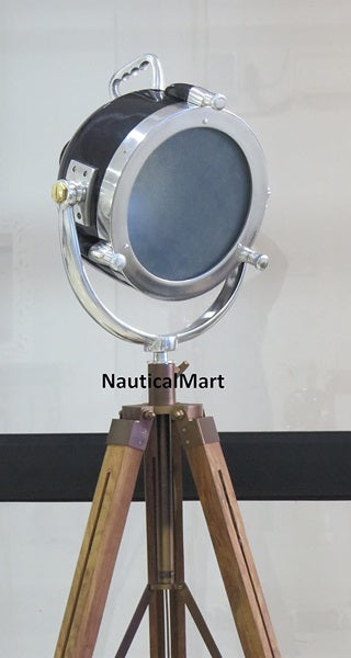 Vintage Wooden Tripod Spotlight Searchlight Floor Lamp