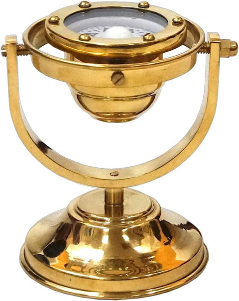 5" Brass Plated Gimbaled Brass Compass with Stand