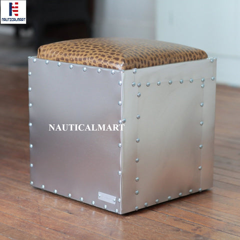 Aluminum Ottoman with Faux Alligator Upholstered Top Metal Modern Designer Aviator Inspired Furniture Silver Aviation Furniture