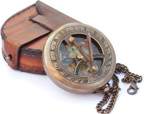 3" Brass Sundial Compass with Leather Case and Chain
