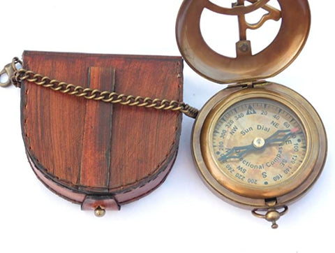 3" Brass Sundial Compass with Leather Case and Chain