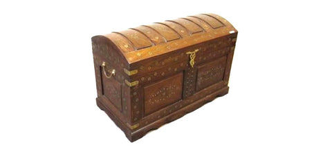 SOLID WOODEN CHEST TRUNK, BRASS INLAY