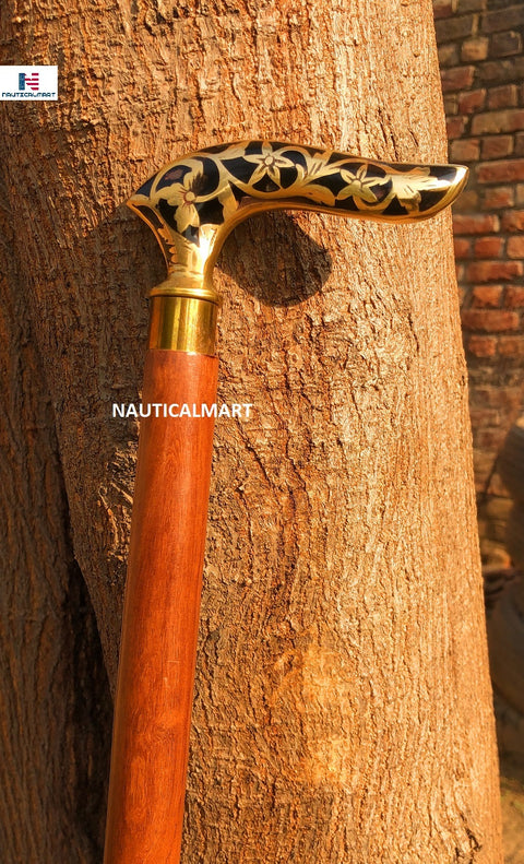 Antique Brass Victorian Handle Wooden Vintage Style Walking Stick