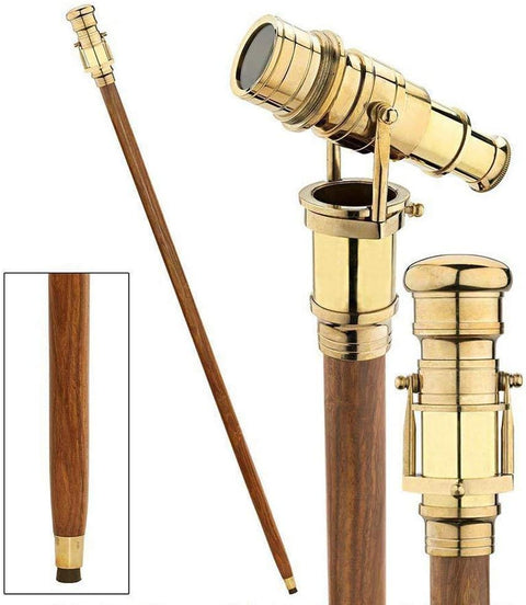 Vintage Brass Handle Victorian Telescope Head Fold able Steampunk Accessories Wooden Walking Stick Cane
